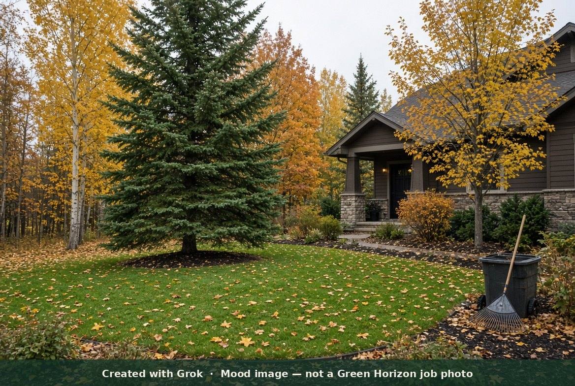 Fall residential yard with spruce and gold aspens